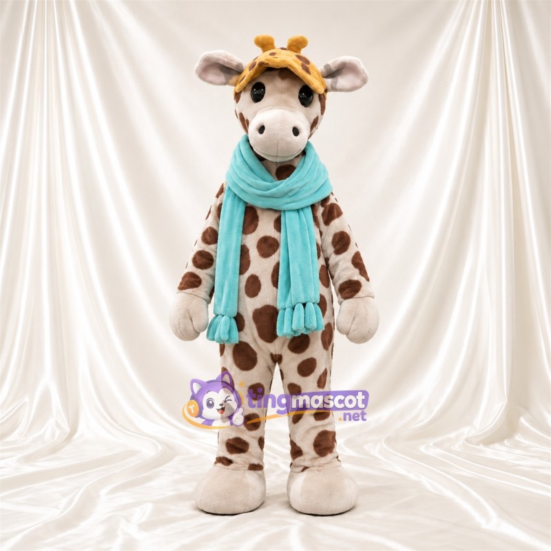 Costume de mascotte Girafe – marron / crème – Écharpe (turquoise) Costume de mascotte Girafe – marron / crème – Écharpe (turquoise)