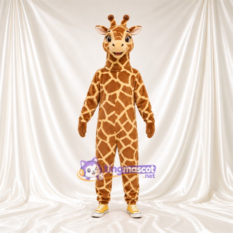 Costume de mascotte Girafe – marron / crème – Sourire avec dents; Motif à grandes taches Costume de mascotte Girafe – marron / crème – Sourire avec dents; Motif à grandes taches