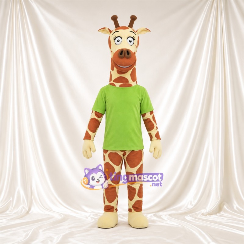 Costume de mascotte Girafe – marron / crème – Chemise (vert); Crinière (noir) Costume de mascotte Girafe – marron / crème – Chemise (vert); Crinière (noir)