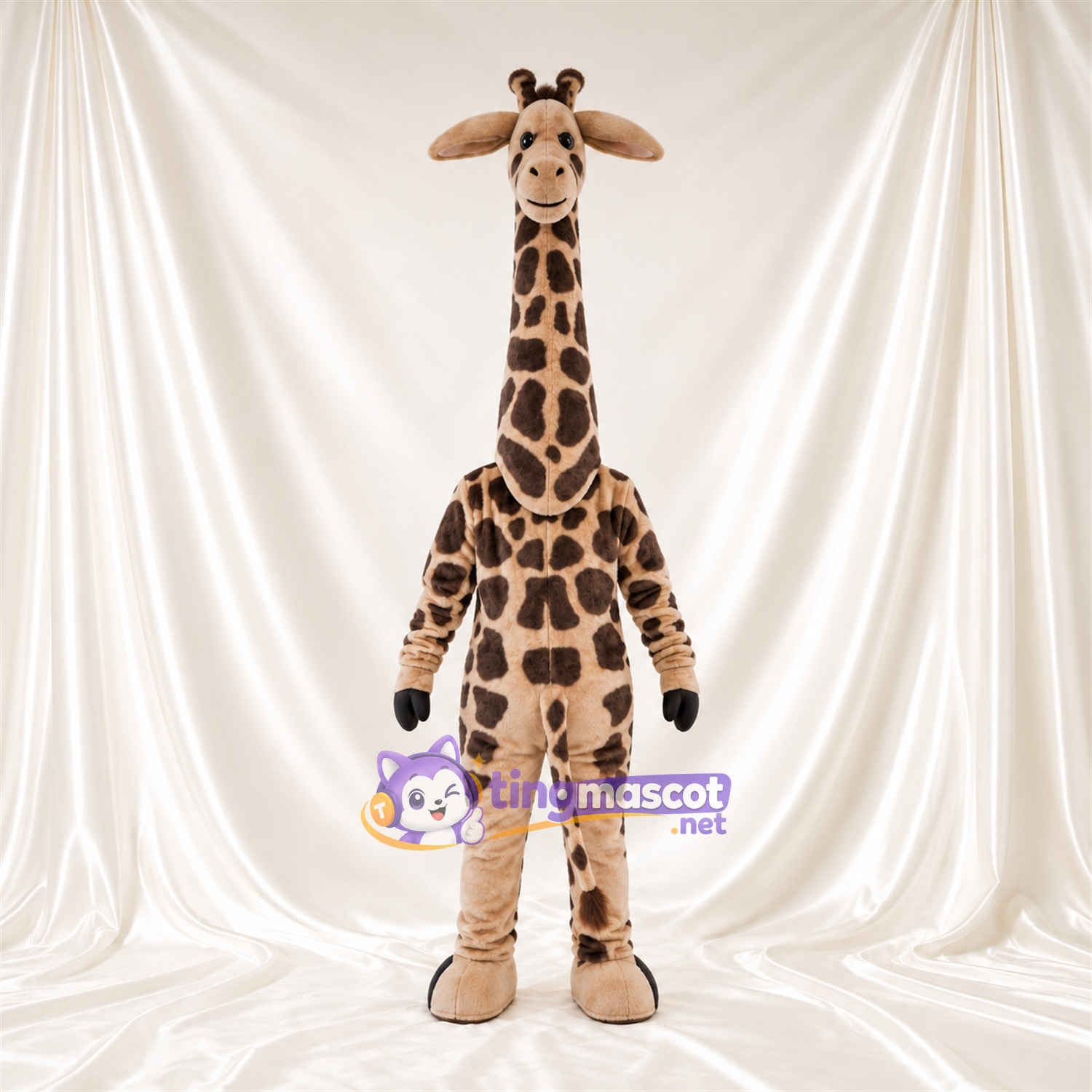 Costume de mascotte Girafe – marron / crème – Visage souriant; Motif à grandes taches Costume de mascotte Girafe – marron / crème – Visage souriant; Motif à grandes taches