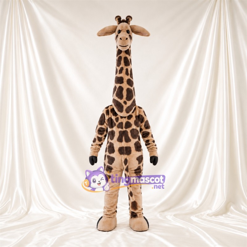 Costume de mascotte Girafe – marron / crème – Visage souriant; Motif à grandes taches Costume de mascotte Girafe – marron / crème – Visage souriant; Motif à grandes taches