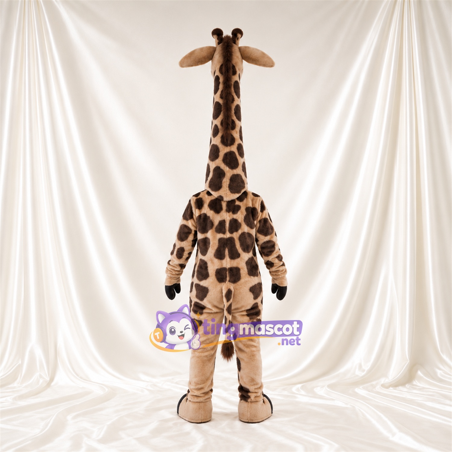 Costume de mascotte Girafe – marron / crème – Visage souriant; Motif à grandes taches Costume de mascotte Girafe – marron / crème – Visage souriant; Motif à grandes taches