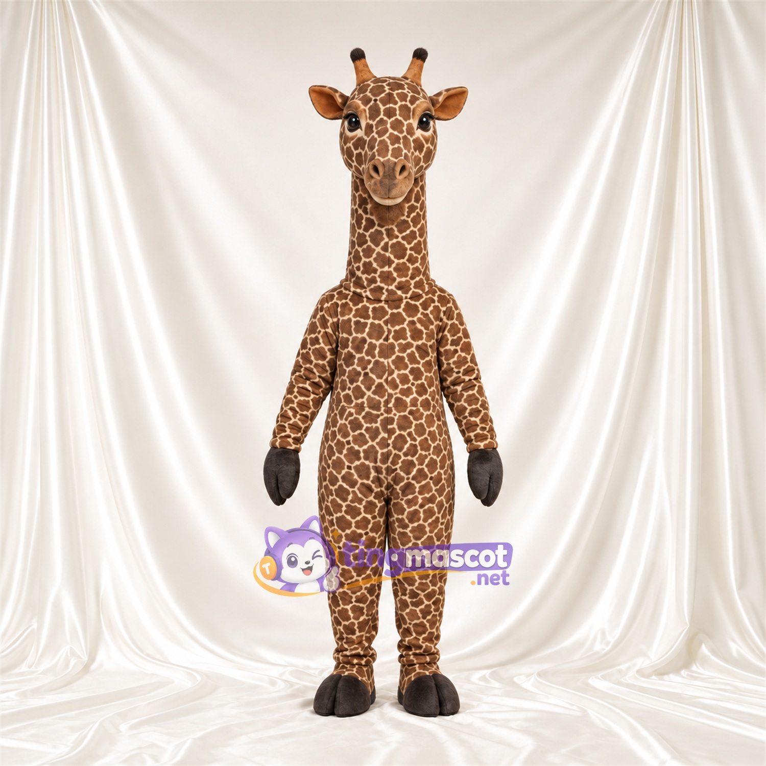 Brown and Cream Giraffe Mascot Costume - Black Gloves and Small Patch Pattern Brown and Cream Giraffe Mascot Costume - Black Gloves and Small Patch Pattern