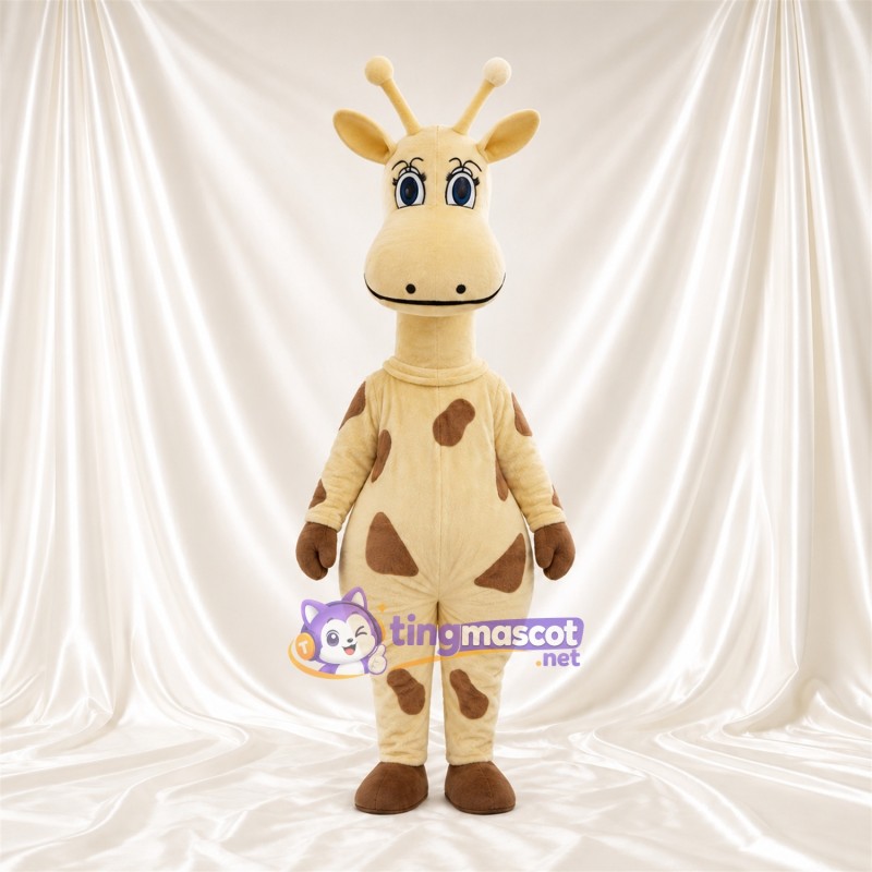 Maskottchenkostüm Giraffe – braun / creme – Augen (blau); Großes Fleckenmuster Maskottchenkostüm Giraffe – braun / creme – Augen (blau); Großes Fleckenmuster