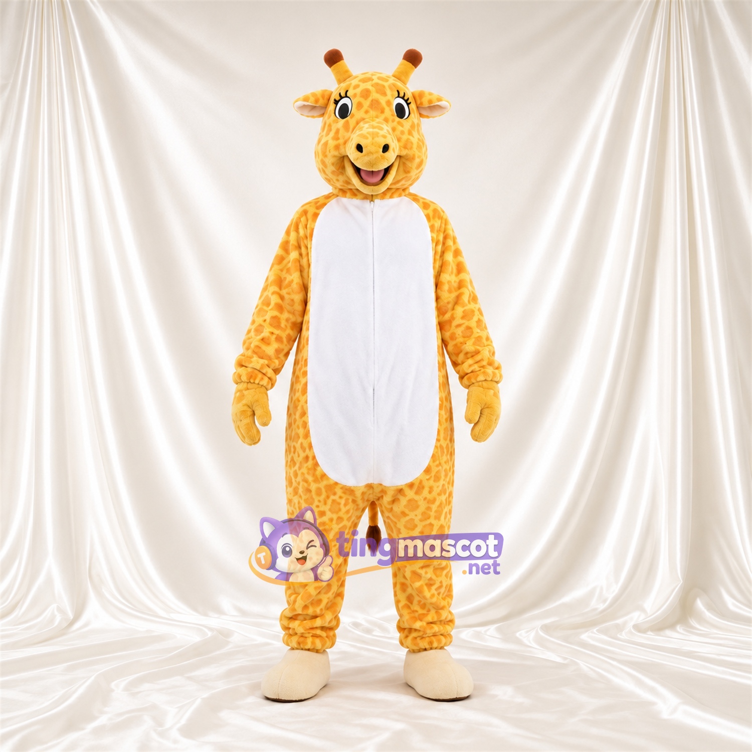 Maskottchenkostüm Giraffe – gelb / braun – Bauch (weiß); Breites Zahngrinsen Maskottchenkostüm Giraffe – gelb / braun – Bauch (weiß); Breites Zahngrinsen