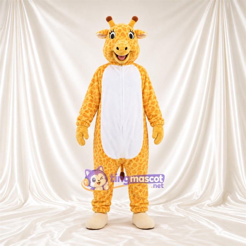Maskottchenkostüm Giraffe – gelb / braun – Bauch (weiß); Breites Zahngrinsen Maskottchenkostüm Giraffe – gelb / braun – Bauch (weiß); Breites Zahngrinsen