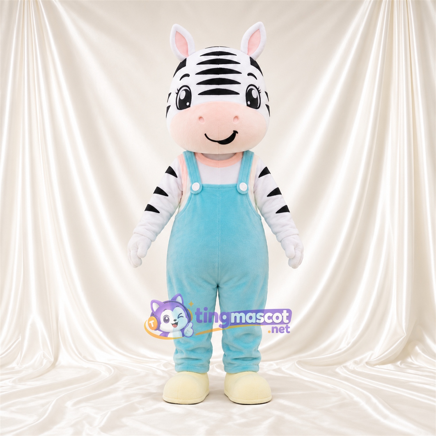 Black and White Zebra Mascot Costume - Blue Overalls Black and White Zebra Mascot Costume - Blue Overalls