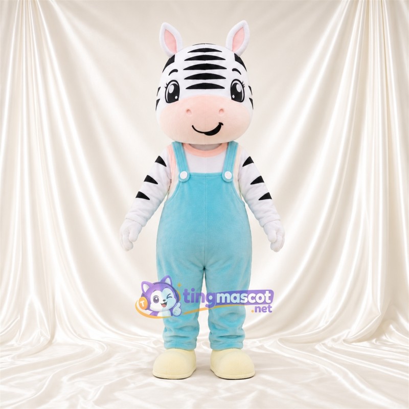 Black and White Zebra Mascot Costume - Blue Overalls Black and White Zebra Mascot Costume - Blue Overalls