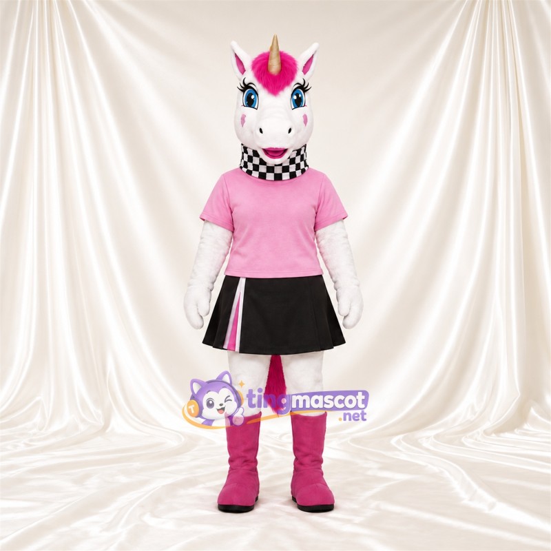 Costume de mascotte Licorne – blanc – Chemise (rose); Jupe (noir) Costume de mascotte Licorne – blanc – Chemise (rose); Jupe (noir)