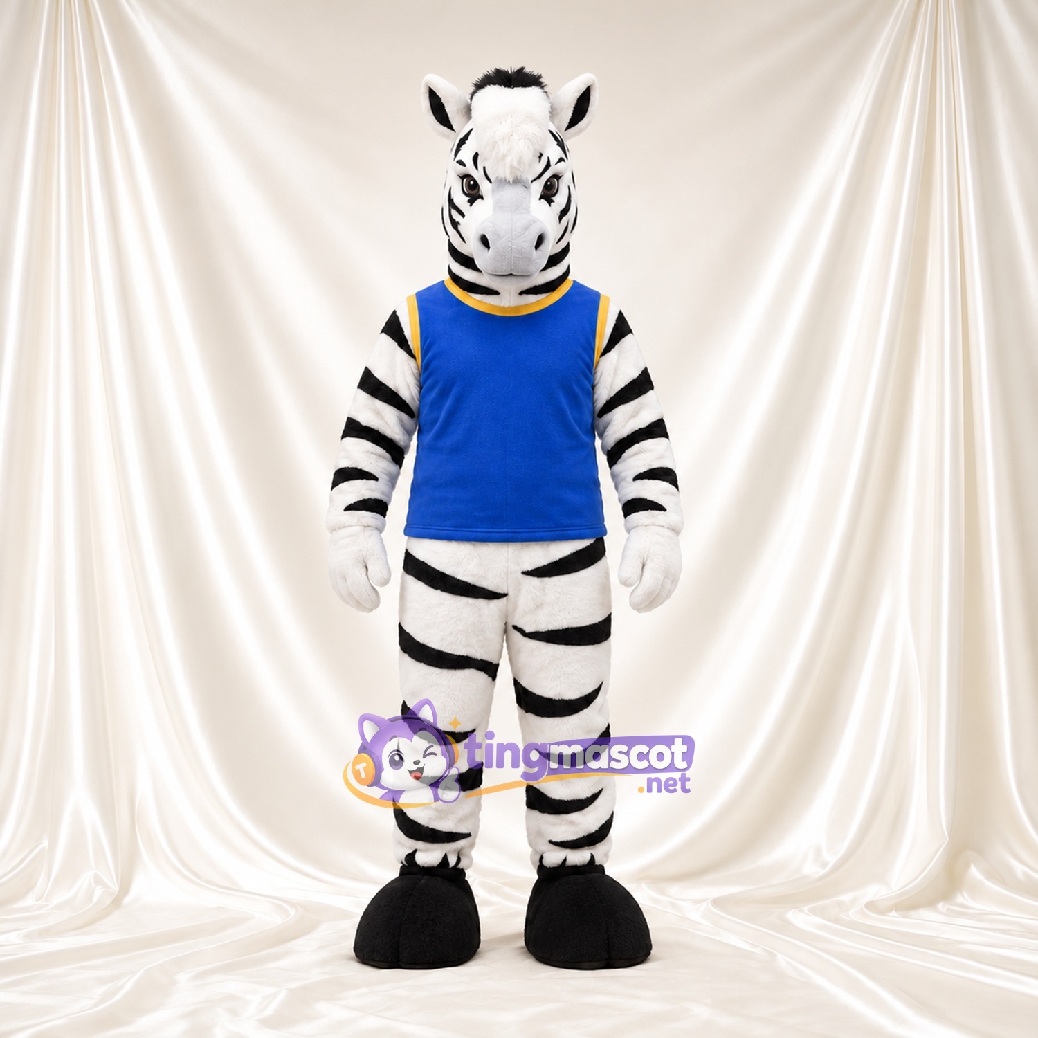 Black and White Zebra Mascot Costume - Blue Shirt Black and White Zebra Mascot Costume - Blue Shirt