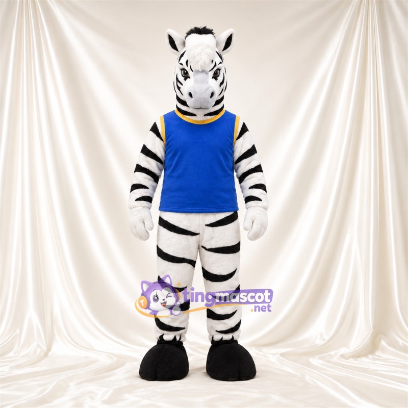 Black and White Zebra Mascot Costume - Blue Shirt Black and White Zebra Mascot Costume - Blue Shirt