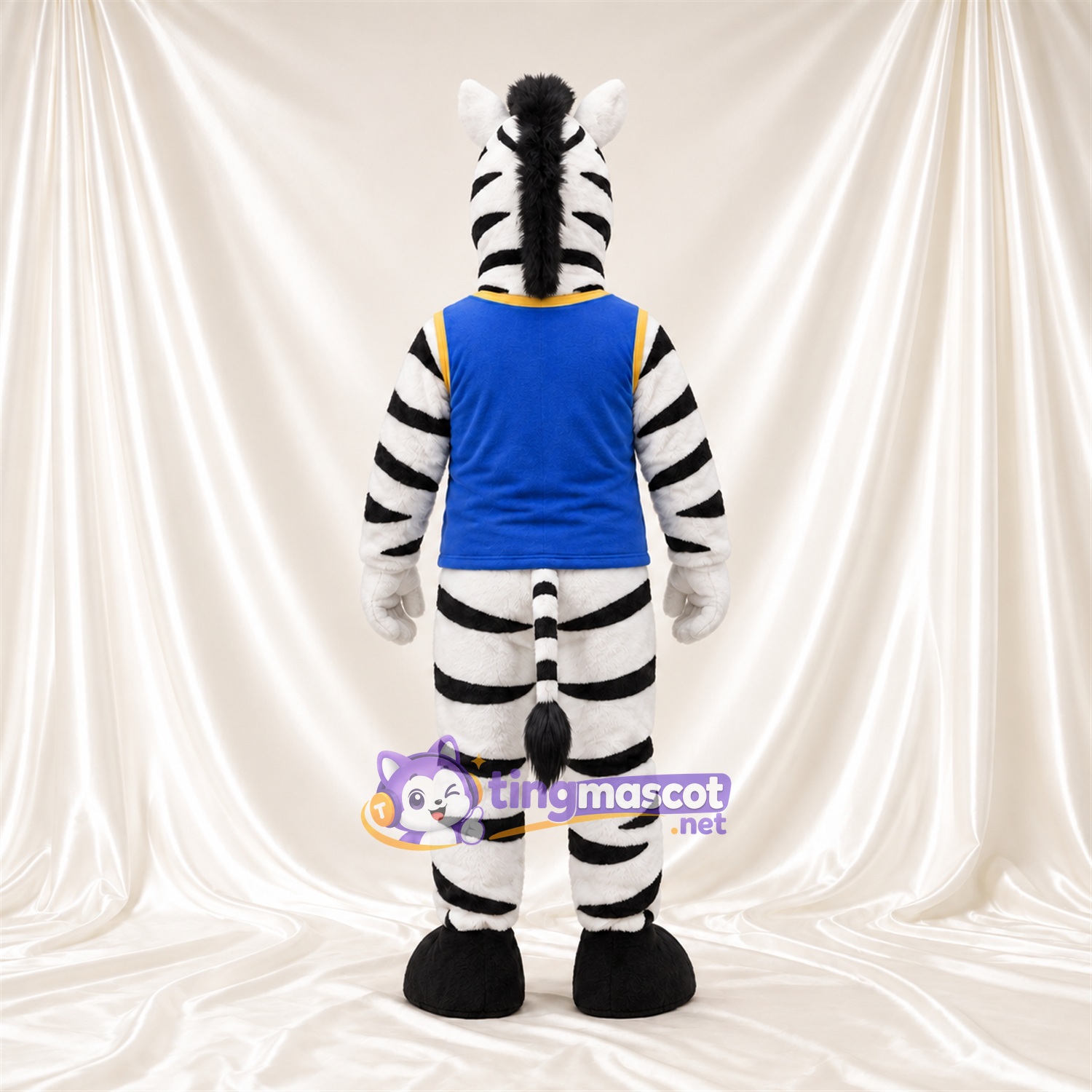 Black and White Zebra Mascot Costume - Blue Shirt Black and White Zebra Mascot Costume - Blue Shirt