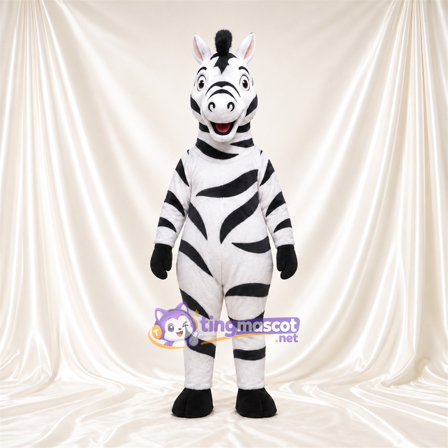 Black and White Zebra Mascot Costume - Broad Curved Stripes and Smiling Face Black and White Zebra Mascot Costume - Broad Curved Stripes and Smiling Face