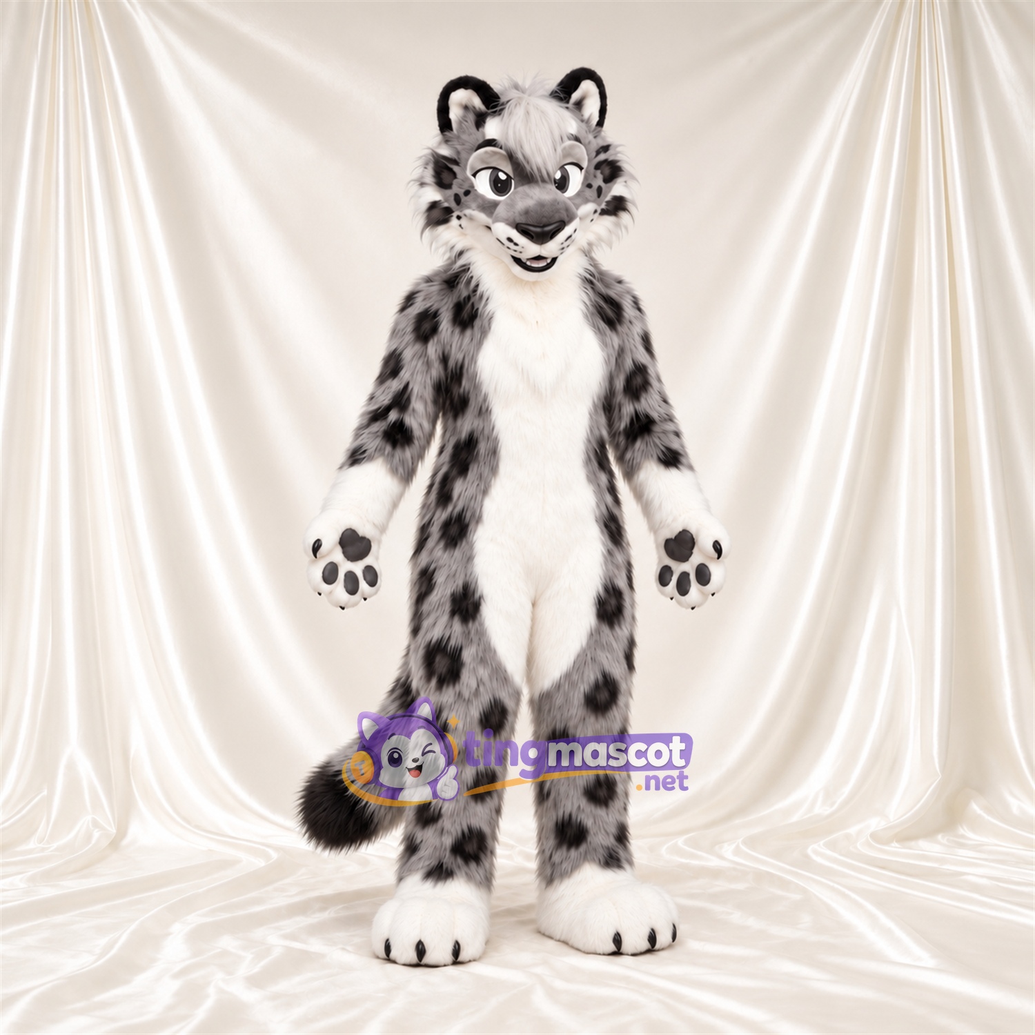 Gray and White Snow Leopard Mascot Costume - Black Paw Pads and Rosette Spots Gray and White Snow Leopard Mascot Costume - Black Paw Pads and Rosette Spots