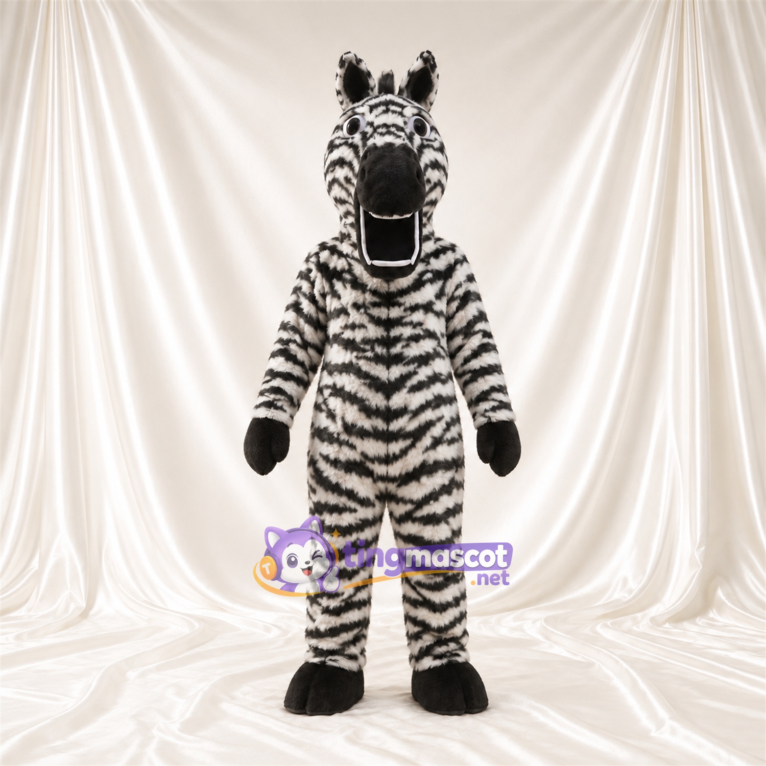 Black and White Zebra Mascot Costume - Shaggy Fur and Large Open Mouth Black and White Zebra Mascot Costume - Shaggy Fur and Large Open Mouth