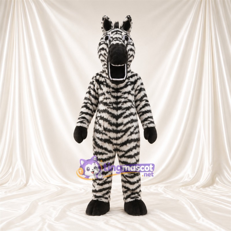 Black and White Zebra Mascot Costume - Shaggy Fur and Large Open Mouth Black and White Zebra Mascot Costume - Shaggy Fur and Large Open Mouth