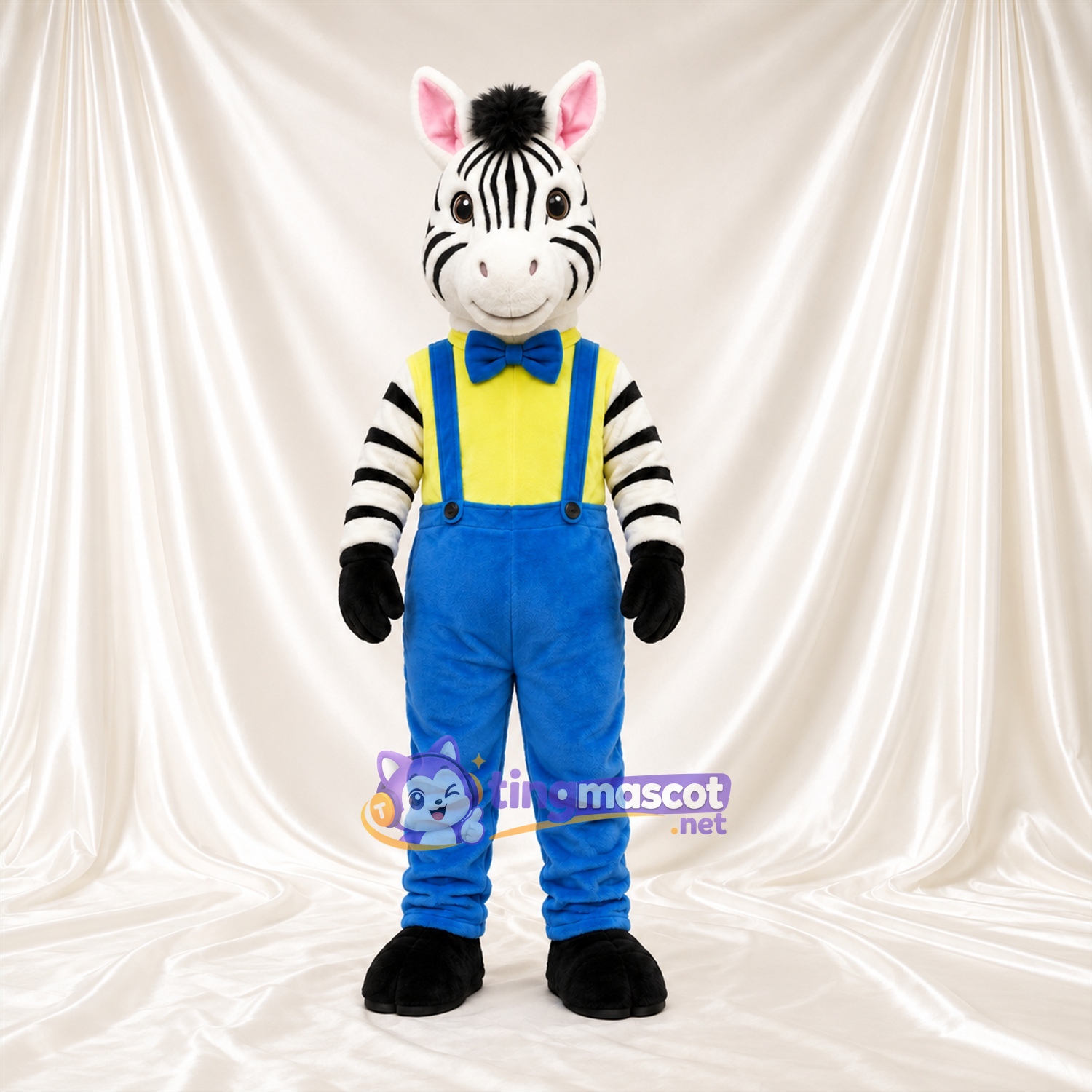 Black and White Zebra Mascot Costume - Blue Overalls and Yellow Shirt Black and White Zebra Mascot Costume - Blue Overalls and Yellow Shirt