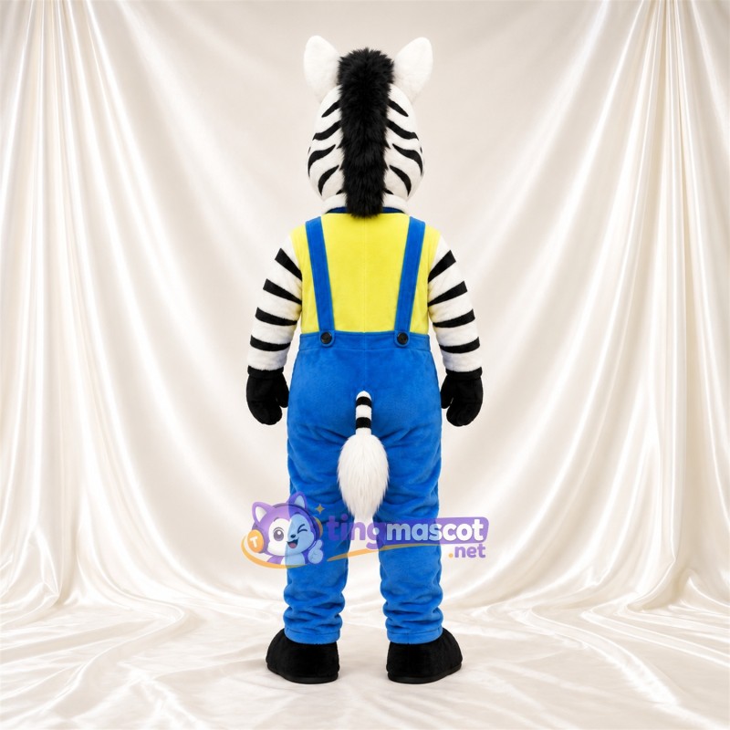 Black and White Zebra Mascot Costume - Blue Overalls and Yellow Shirt Black and White Zebra Mascot Costume - Blue Overalls and Yellow Shirt