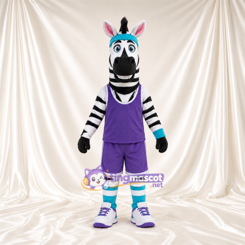 Black and White Zebra Mascot Costume - Purple Sports Outfit Black and White Zebra Mascot Costume - Purple Sports Outfit