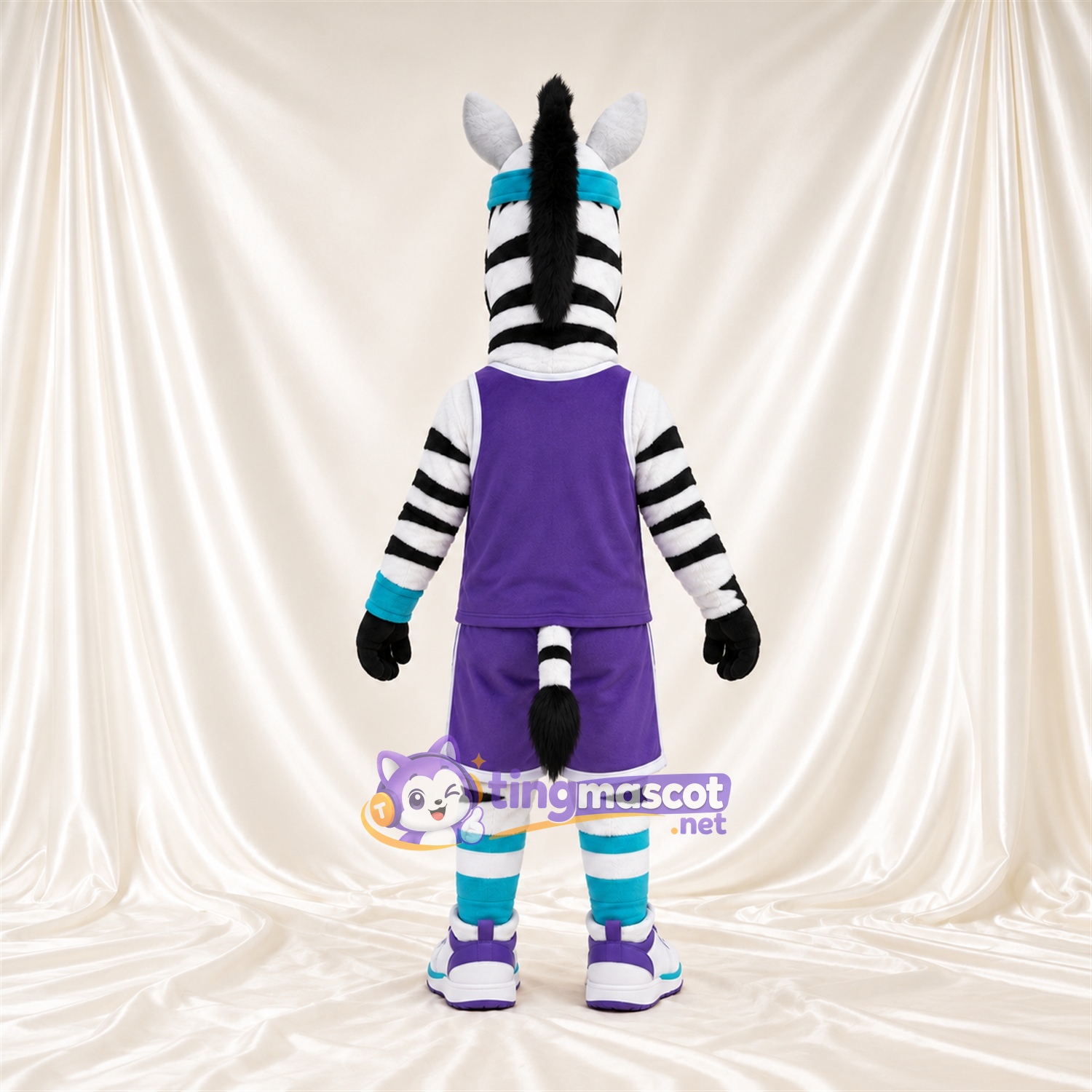 Black and White Zebra Mascot Costume - Purple Sports Outfit Black and White Zebra Mascot Costume - Purple Sports Outfit