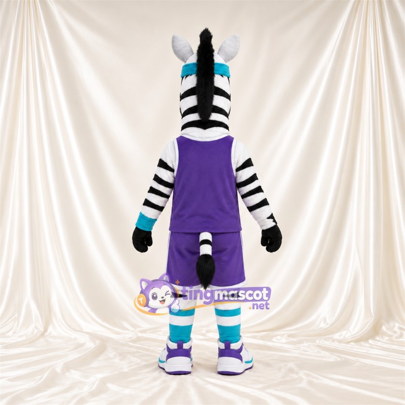 Black and White Zebra Mascot Costume - Purple Sports Outfit Black and White Zebra Mascot Costume - Purple Sports Outfit