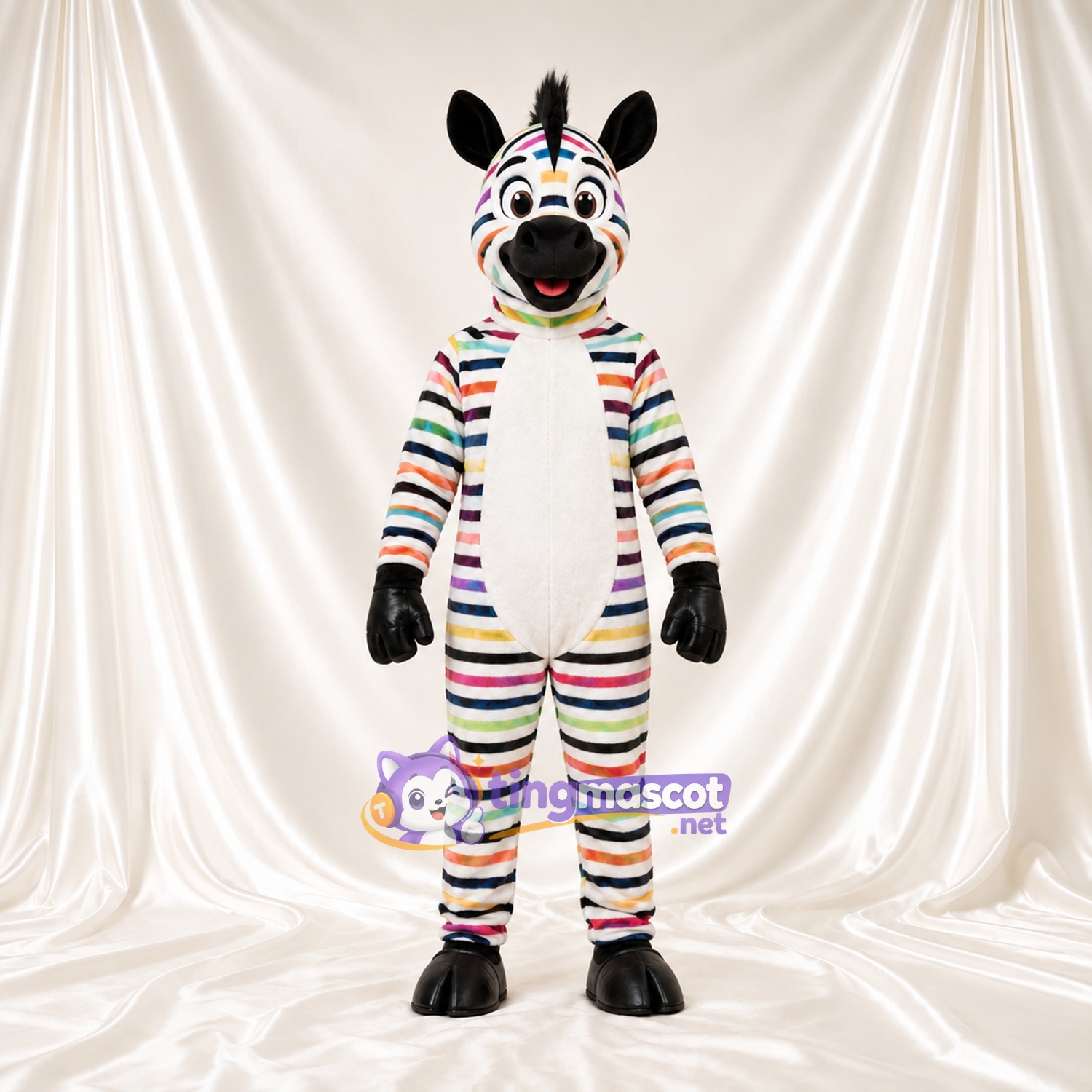 Costume de mascotte Zèbre – multicolore – Ventre (blanc); Fines rayures Costume de mascotte Zèbre – multicolore – Ventre (blanc); Fines rayures