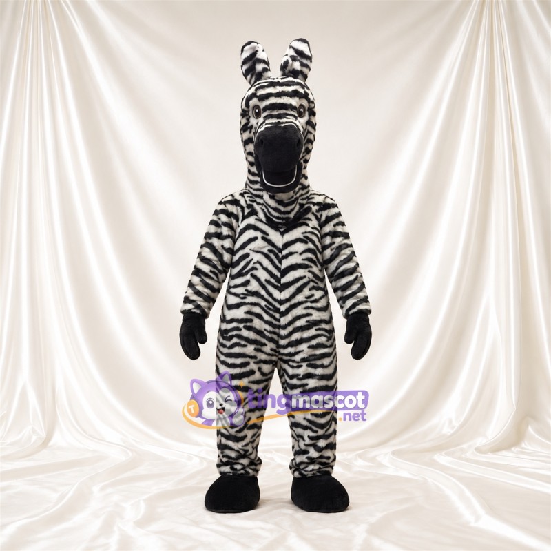 Black and White Zebra Mascot Costume - Shaggy Fur and Black Muzzle Black and White Zebra Mascot Costume - Shaggy Fur and Black Muzzle