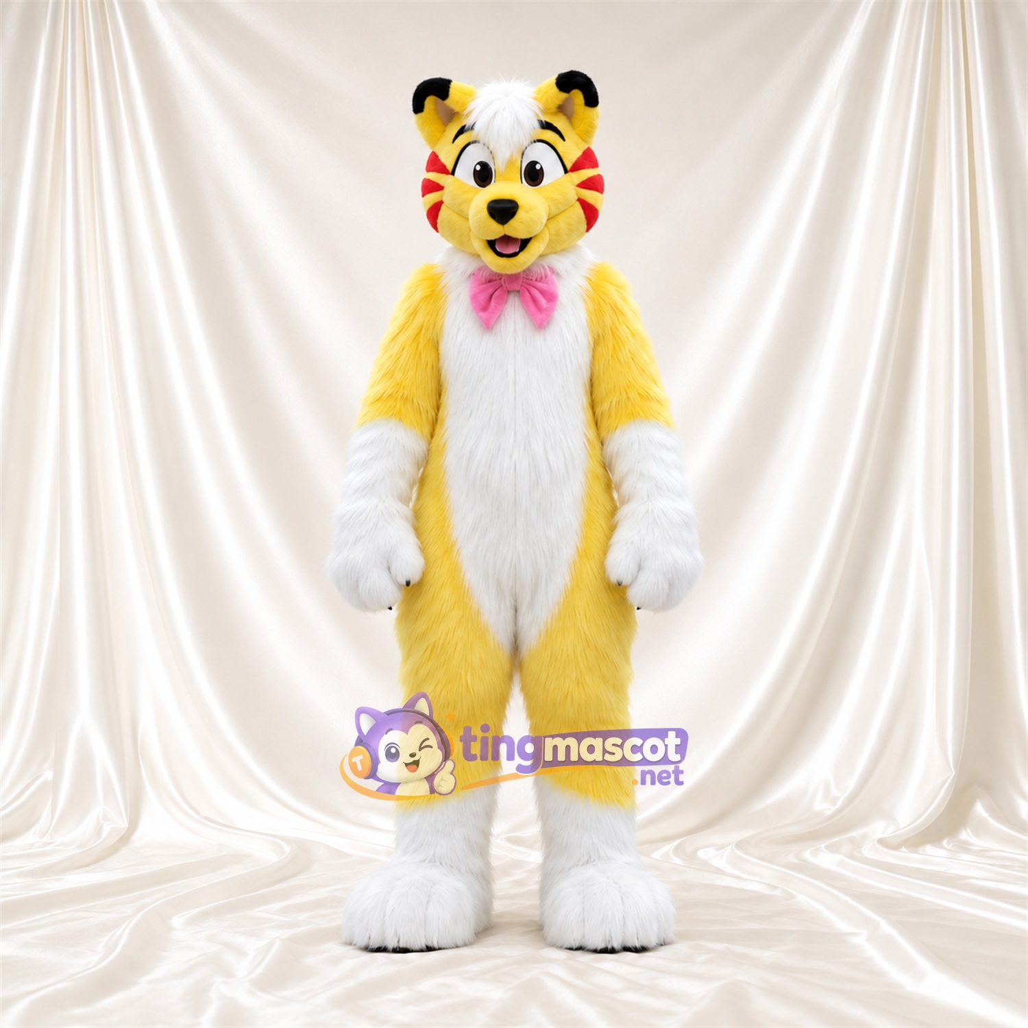 Maskottchenkostüm Tiger – gelb / weiß – Fliege (rosa)