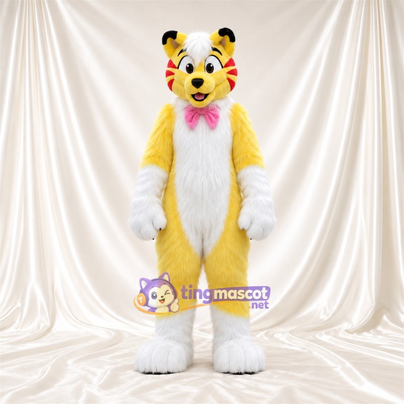 Costume de mascotte Tigre – jaune / blanc – Nœud papillon (rose) Costume de mascotte Tigre – jaune / blanc – Nœud papillon (rose)