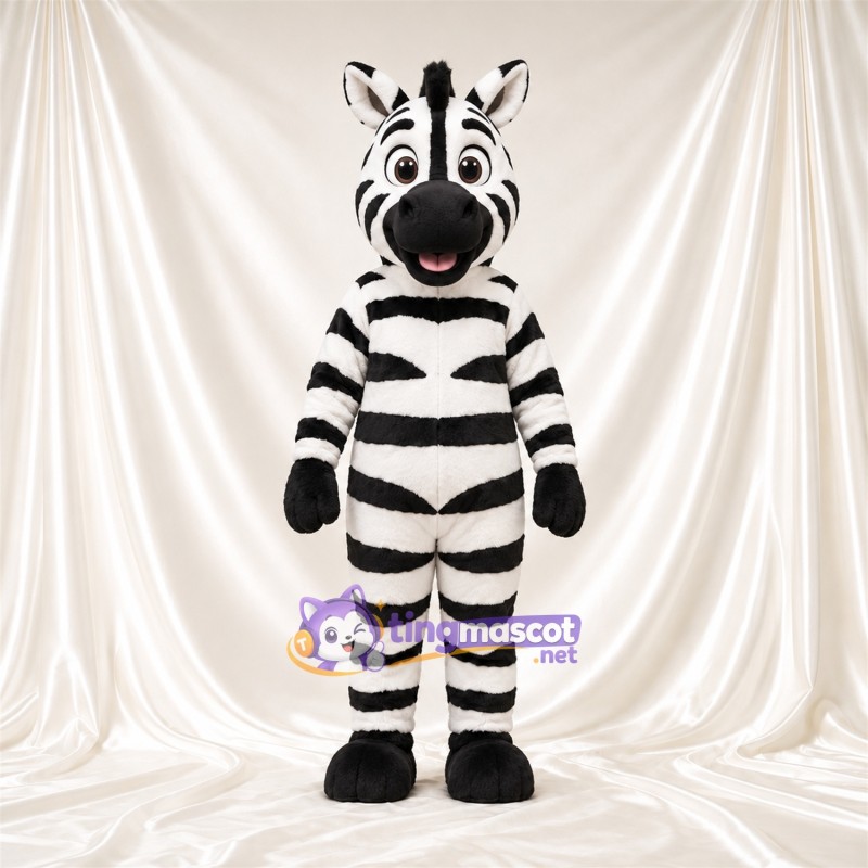 Costume de mascotte Zèbre – noir / blanc – Larges rayures; Langue (rose) Costume de mascotte Zèbre – noir / blanc – Larges rayures; Langue (rose)
