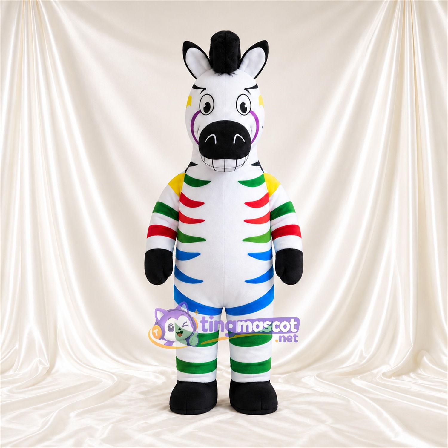 Costume de mascotte Zèbre – multicolore – Sabots (noir); Larges rayures Costume de mascotte Zèbre – multicolore – Sabots (noir); Larges rayures
