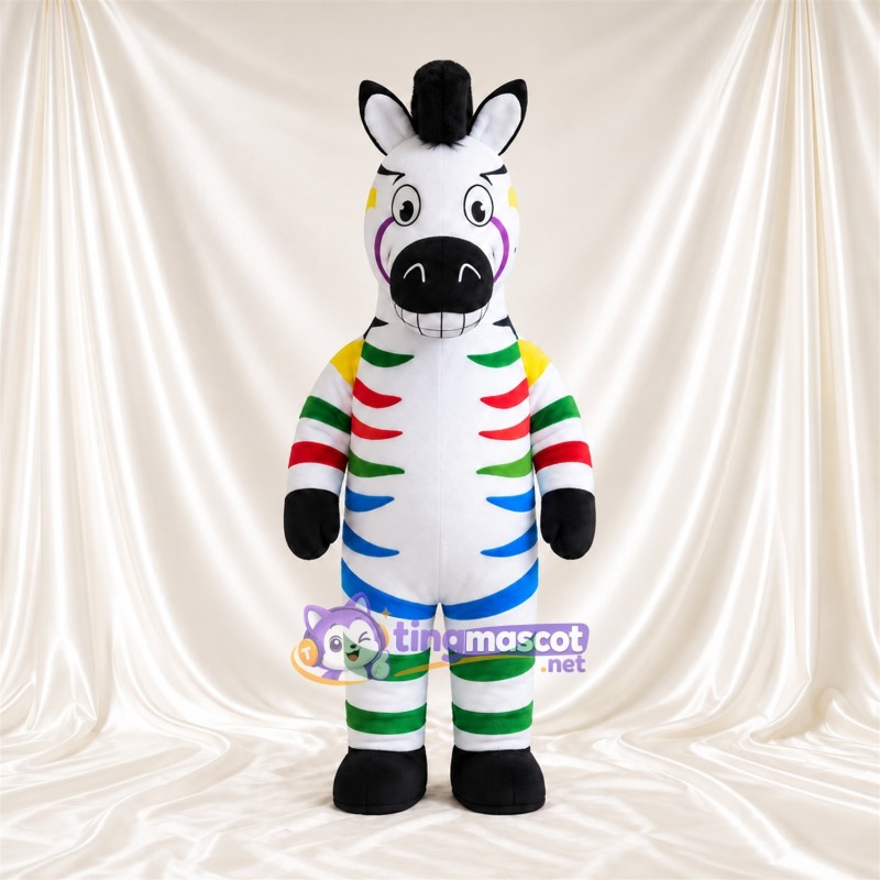 Costume de mascotte Zèbre – multicolore – Sabots (noir); Larges rayures Costume de mascotte Zèbre – multicolore – Sabots (noir); Larges rayures