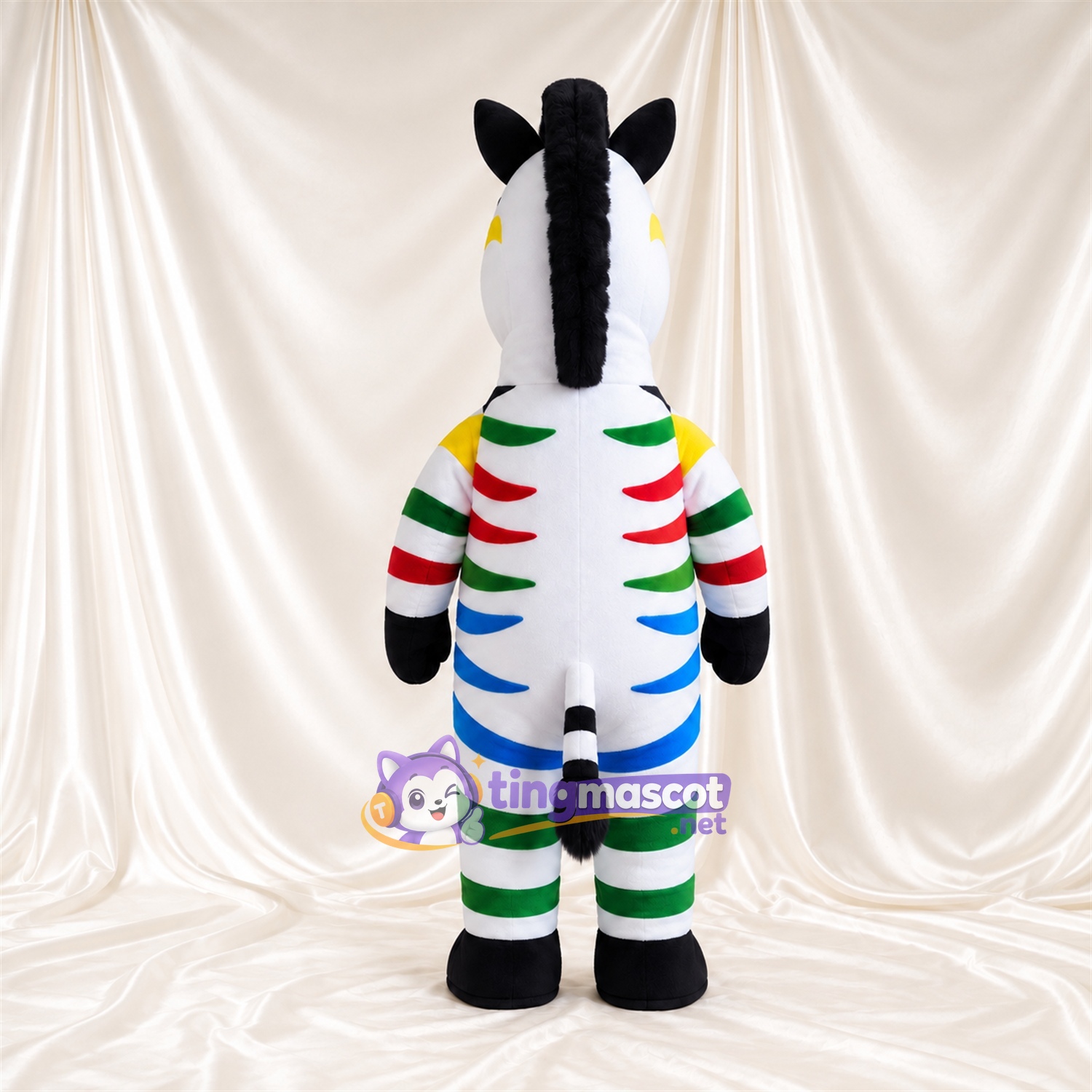 Costume de mascotte Zèbre – multicolore – Sabots (noir); Larges rayures Costume de mascotte Zèbre – multicolore – Sabots (noir); Larges rayures
