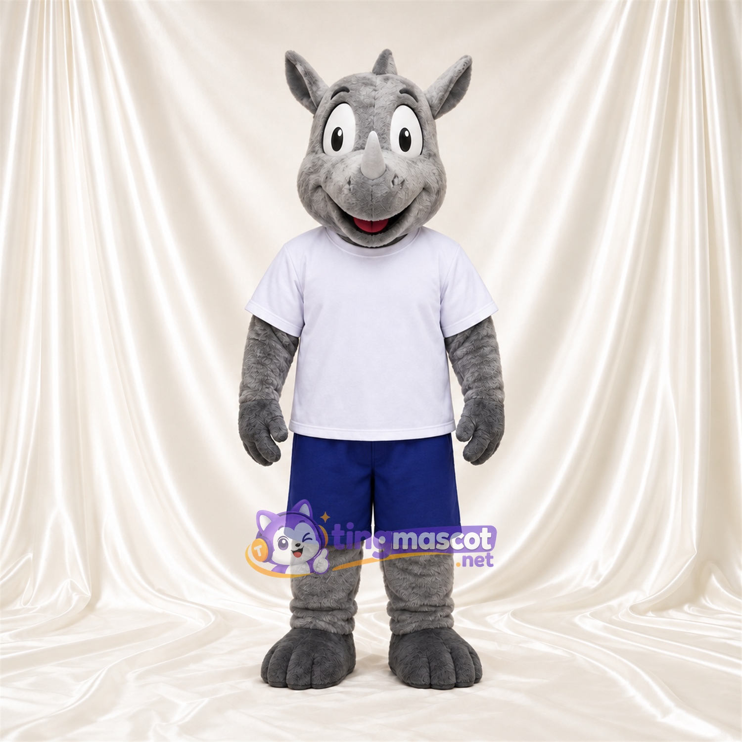 Costume de mascotte Rhinocéros – gris – Chemise (blanc); Short (bleu) Costume de mascotte Rhinocéros – gris – Chemise (blanc); Short (bleu)