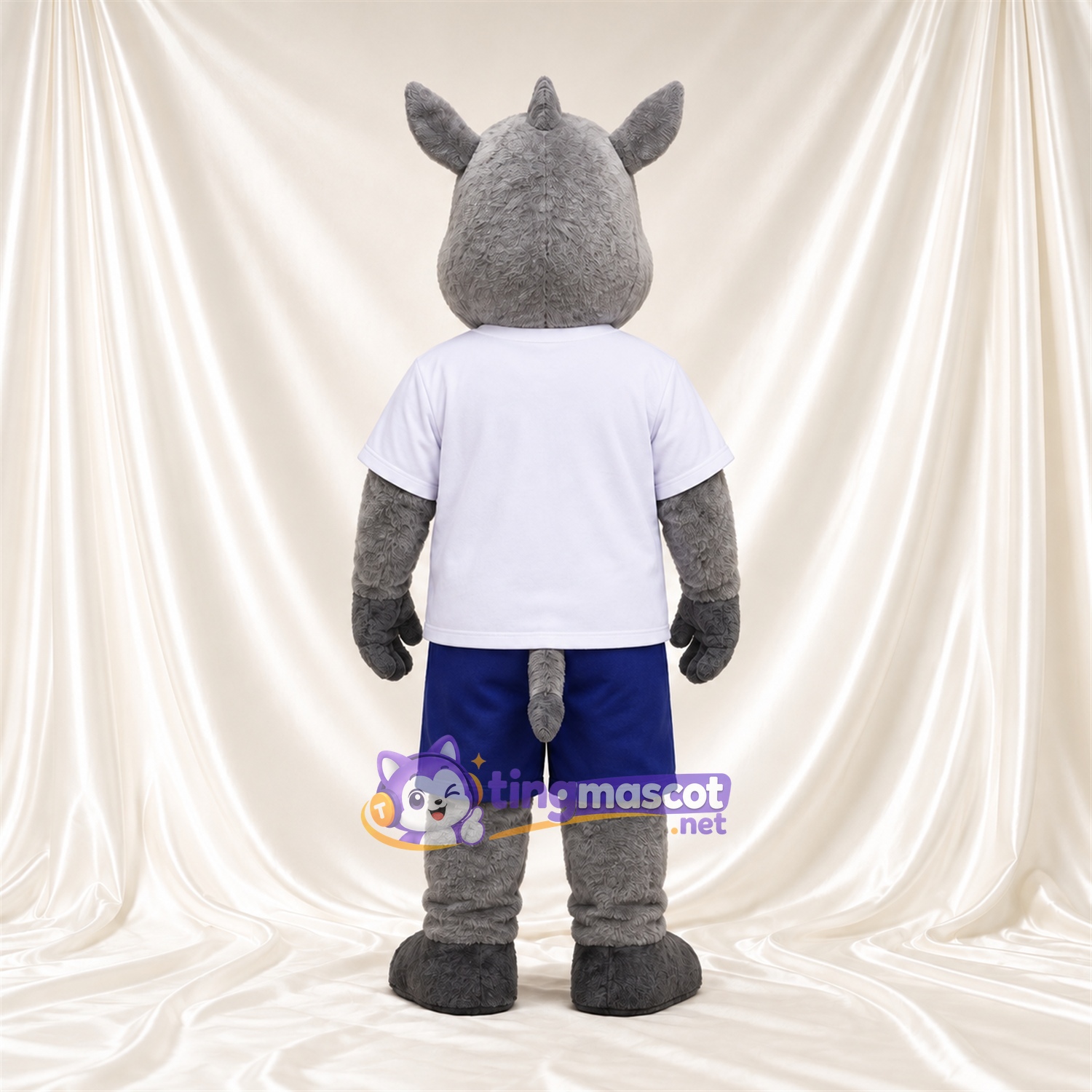 Costume de mascotte Rhinocéros – gris – Chemise (blanc); Short (bleu) Costume de mascotte Rhinocéros – gris – Chemise (blanc); Short (bleu)
