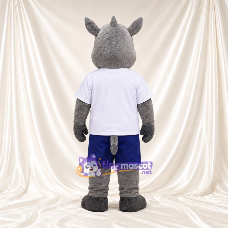 Costume de mascotte Rhinocéros – gris – Chemise (blanc); Short (bleu) Costume de mascotte Rhinocéros – gris – Chemise (blanc); Short (bleu)