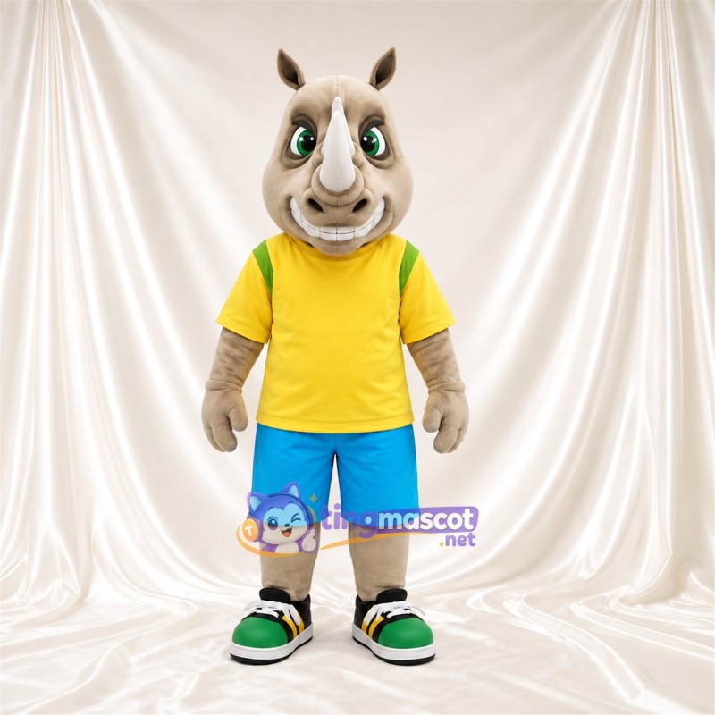 Costume de mascotte Rhinocéros – gris – Chemise (jaune); Short (bleu)