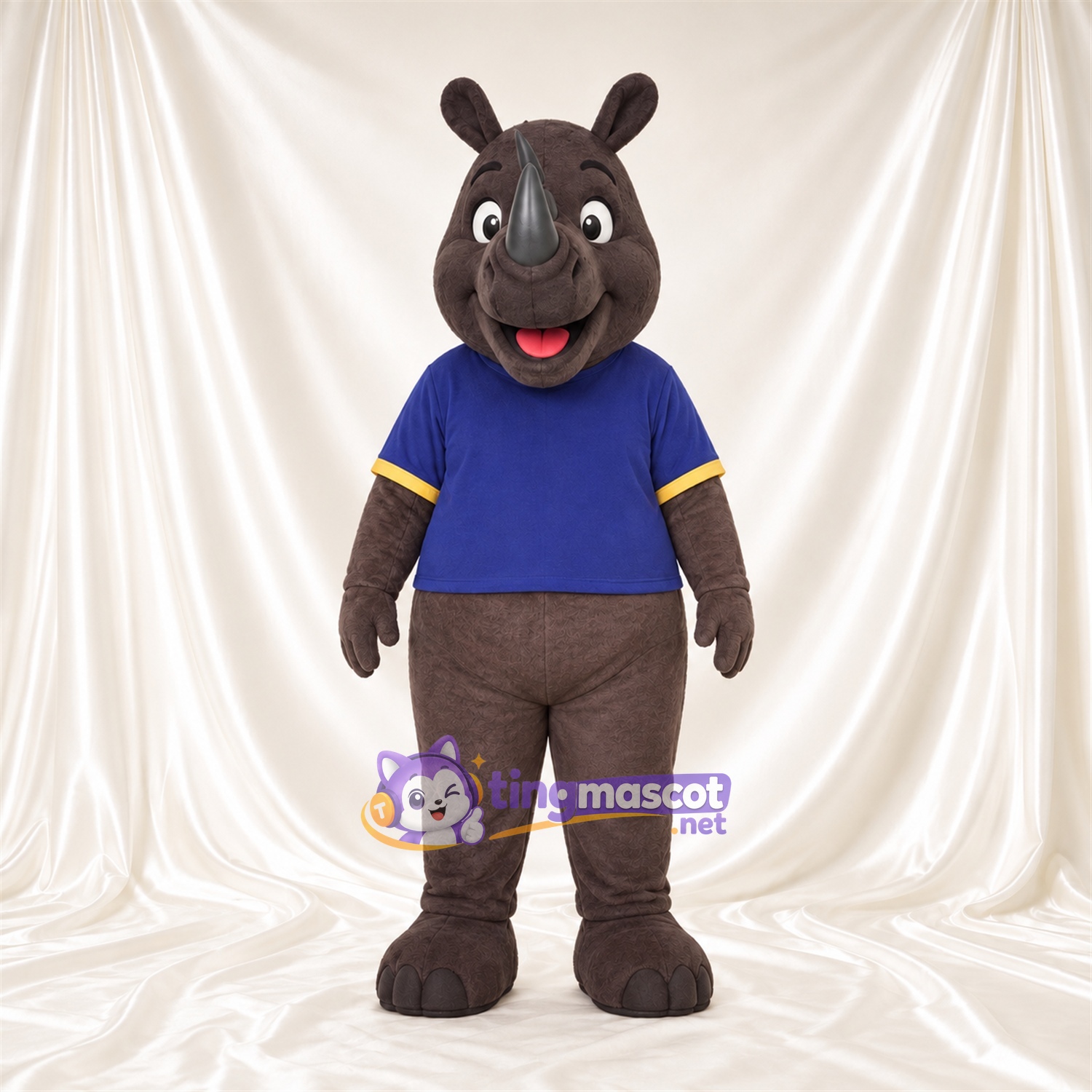 Brown Rhinoceros Mascot Costume - Blue Shirt Brown Rhinoceros Mascot Costume - Blue Shirt