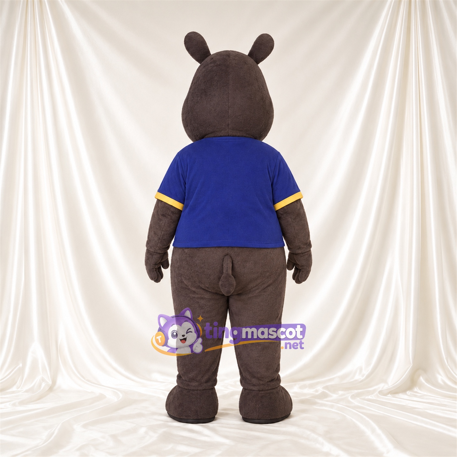 Brown Rhinoceros Mascot Costume - Blue Shirt Brown Rhinoceros Mascot Costume - Blue Shirt