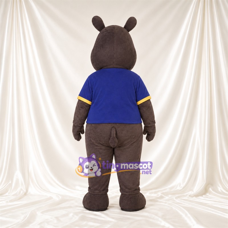 Brown Rhinoceros Mascot Costume - Blue Shirt Brown Rhinoceros Mascot Costume - Blue Shirt