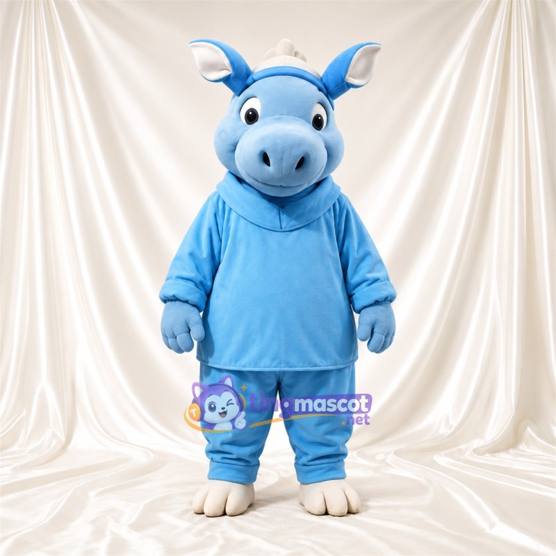 Blue Rhinoceros Mascot Costume - Blue Outfit, Cream Feet and White Nose Horn Blue Rhinoceros Mascot Costume - Blue Outfit, Cream Feet and White Nose Horn
