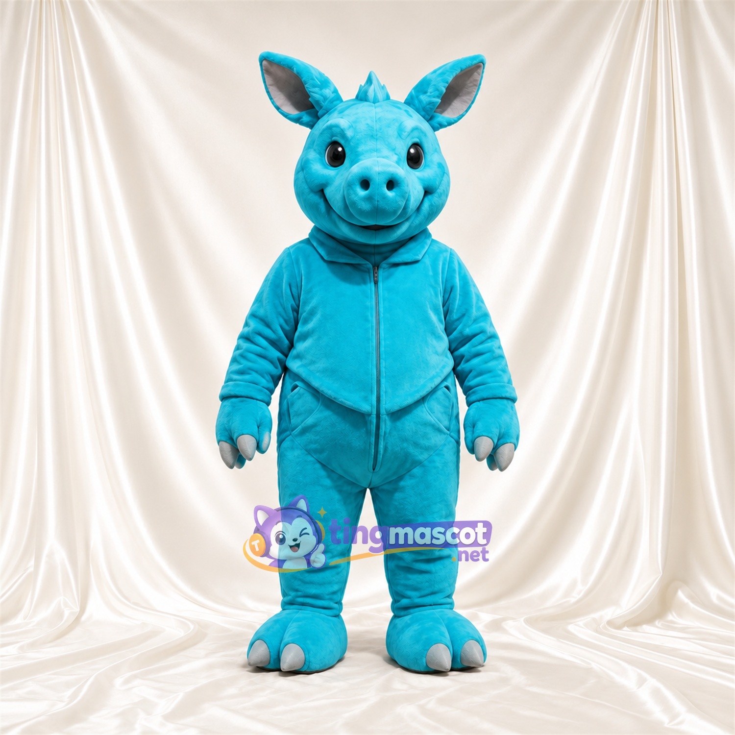 Blue Rhinoceros Mascot Costume - Blue Outfit, Gray Hands and Feet and Gray Nose Horn Blue Rhinoceros Mascot Costume - Blue Outfit, Gray Hands and Feet and Gray Nose Horn