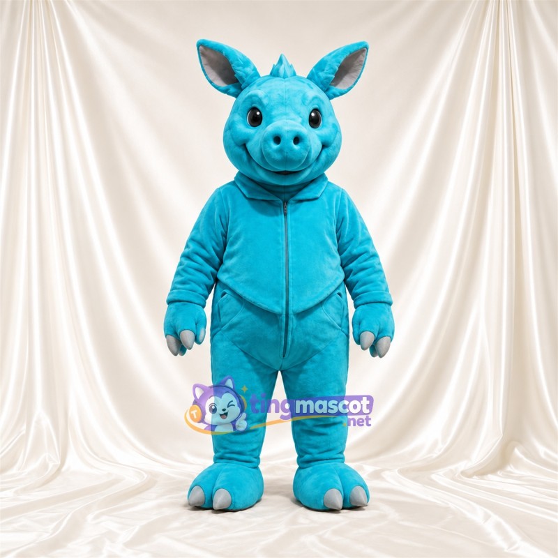 Blue Rhinoceros Mascot Costume - Blue Outfit, Gray Hands and Feet and Gray Nose Horn Blue Rhinoceros Mascot Costume - Blue Outfit, Gray Hands and Feet and Gray Nose Horn