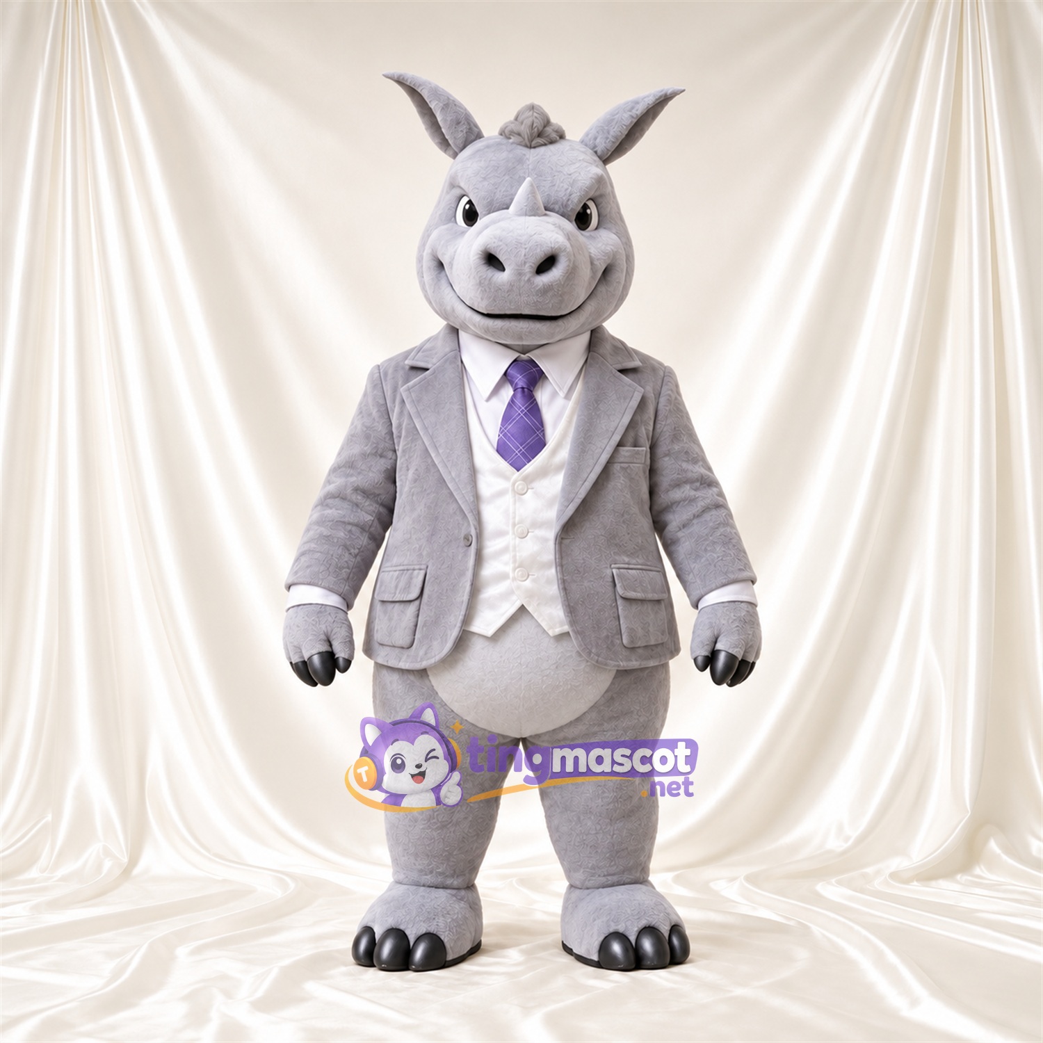 Costume de mascotte Rhinocéros – gris – Costume (gris); Cravate (violet) Costume de mascotte Rhinocéros – gris – Costume (gris); Cravate (violet)
