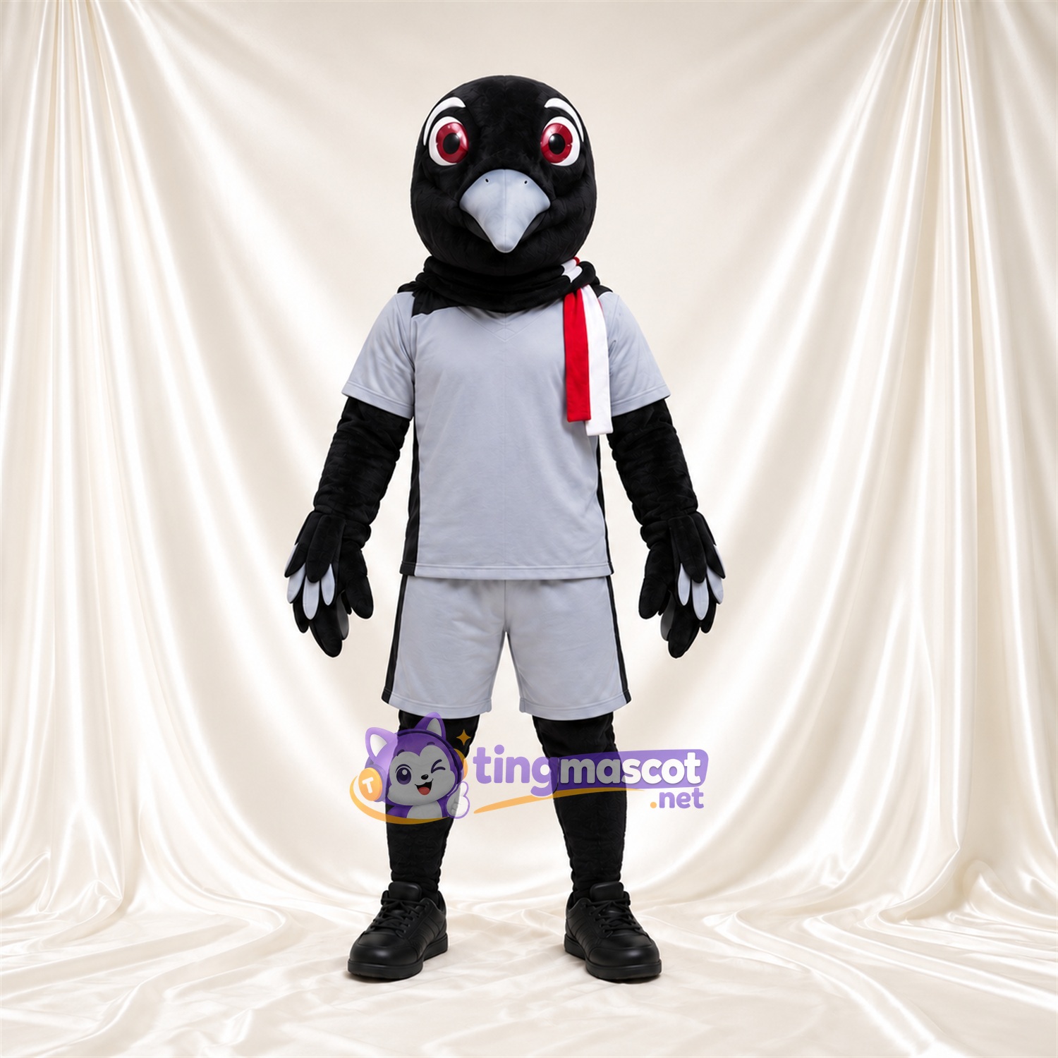 Black Bird Mascot Costume - Gray Outfit and Red Scarf Black Bird Mascot Costume - Gray Outfit and Red Scarf