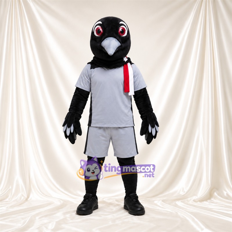 Black Bird Mascot Costume - Gray Outfit and Red Scarf Black Bird Mascot Costume - Gray Outfit and Red Scarf
