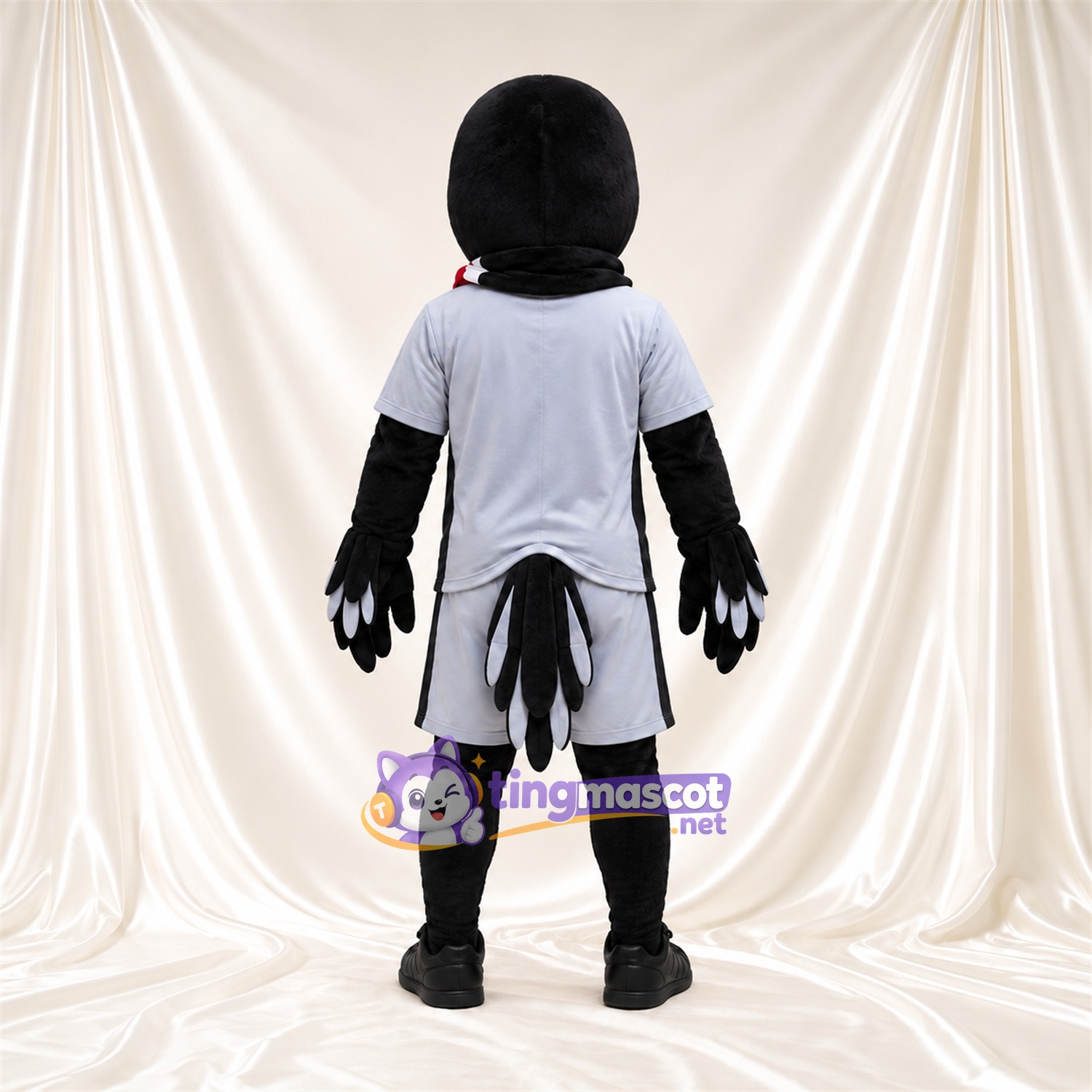 Black Bird Mascot Costume - Gray Outfit and Red Scarf Black Bird Mascot Costume - Gray Outfit and Red Scarf