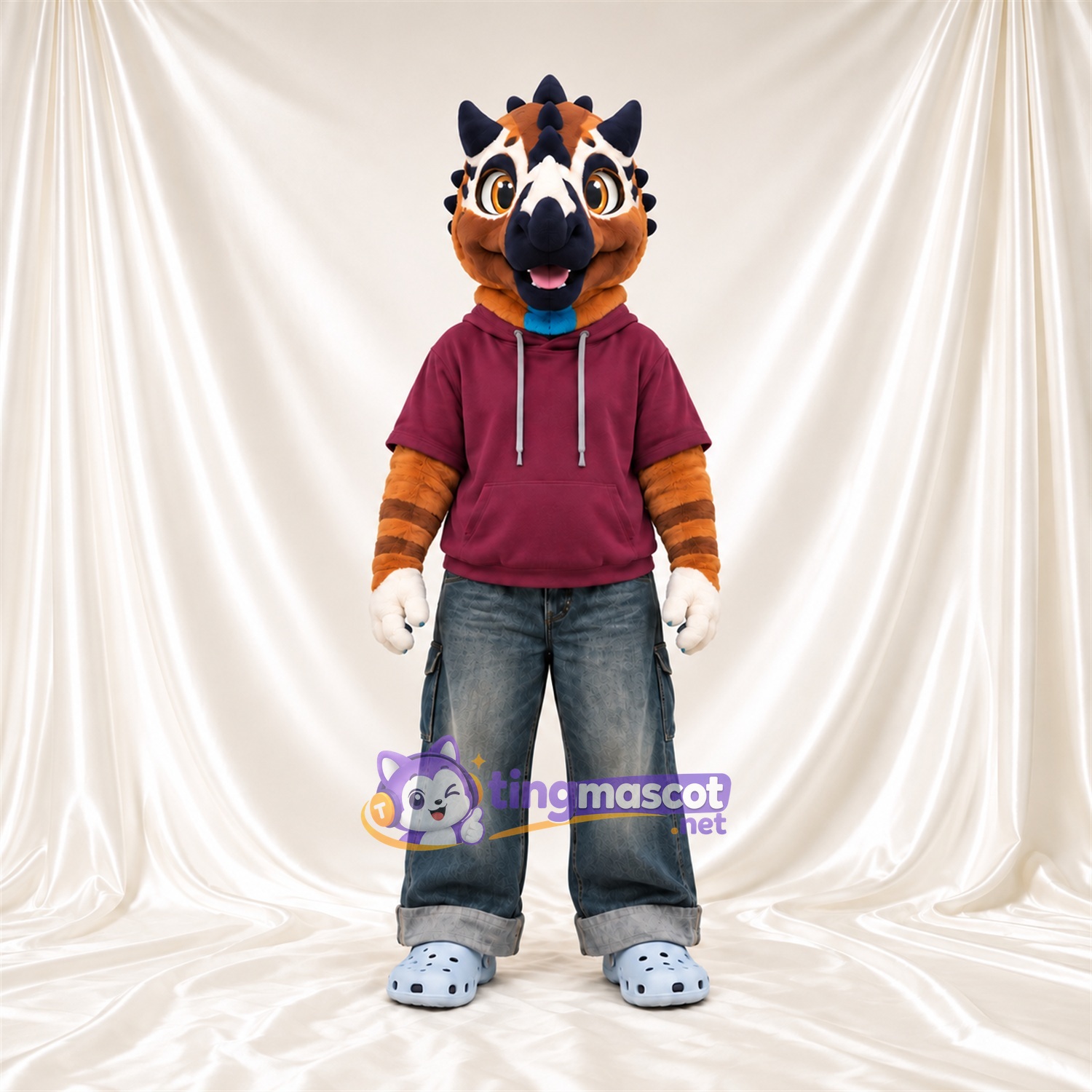 Costume de mascotte Dragon – orange – Sweat à capuche (violet); Bout de la queue (bleu) Costume de mascotte Dragon – orange – Sweat à capuche (violet); Bout de la queue (bleu)