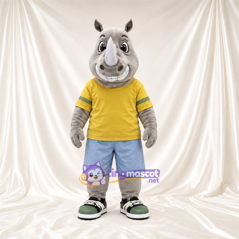 Costume de mascotte Rhinocéros – gris – Chemise (jaune); Short (bleu)