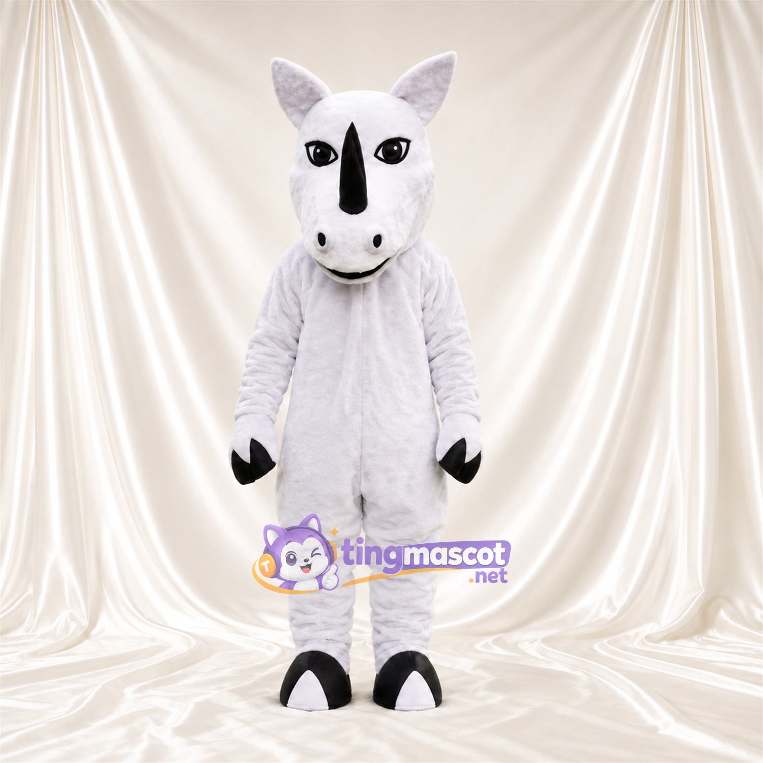 Costume de mascotte Rhinocéros – blanc – Corne (noir); Gants (noir) Costume de mascotte Rhinocéros – blanc – Corne (noir); Gants (noir)